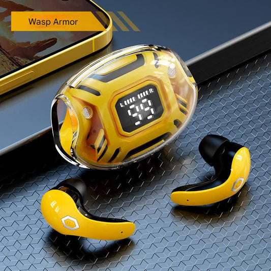 Mecha-Style TWS Gaming Earbuds – Bluetooth 5.3, Low Latency, Noise Cancelling, LED Display Case, Ear-Hook Design (Yellow)