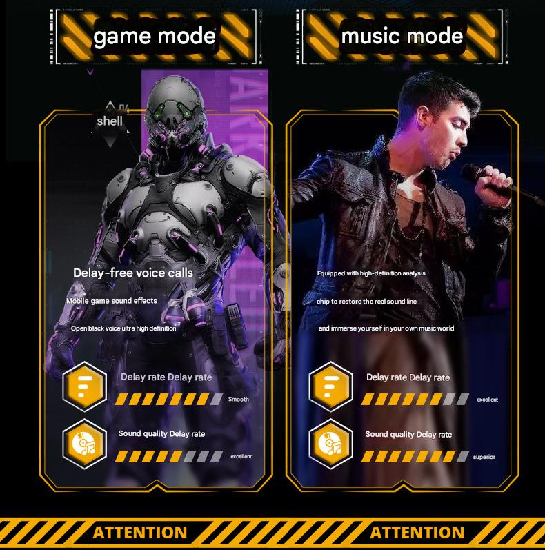 Mecha-Style TWS Gaming Earbuds – Bluetooth 5.3, Low Latency, Noise Cancelling, LED Display Case, Ear-Hook Design (Yellow)