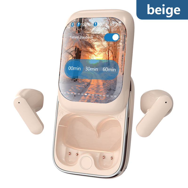 TWS Wireless Earbuds – Bluetooth 5.3, LED Touch Screen Case, HiFi Sound, Music Playback & Game Mode – Beige