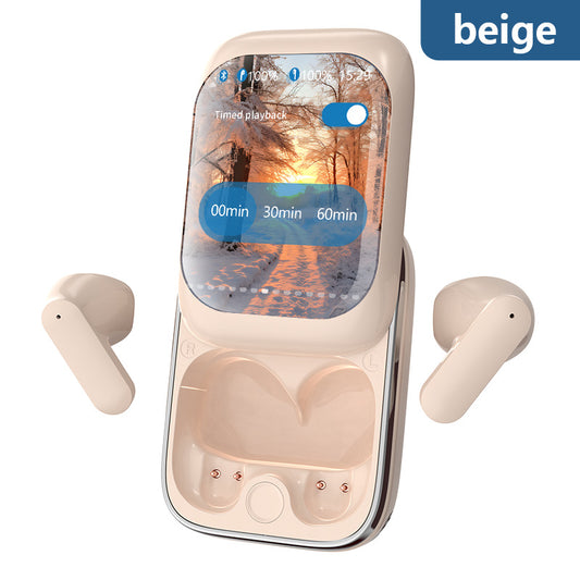 TWS Wireless Earbuds – Bluetooth 5.3, LED Touch Screen Case, HiFi Sound, Music Playback & Game Mode – Beige