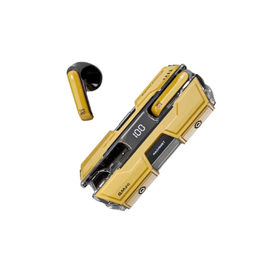 Futuristic TWS Gaming Earbuds – Bluetooth 5.3, Low Latency, HiFi Surround Sound, LED Display Charging Case – Yellow