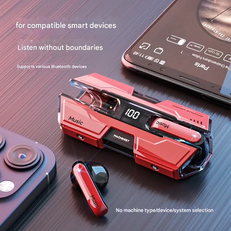 Futuristic TWS Gaming Earbuds – Bluetooth 5.3, Low Latency, HiFi Surround Sound, LED Display Charging Case – Yellow