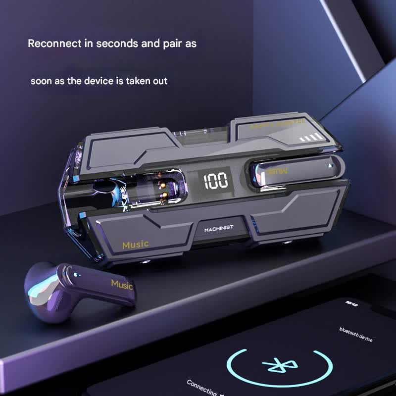 Futuristic TWS Gaming Earbuds – Bluetooth 5.3, Low Latency, HiFi Surround Sound, LED Display – Green