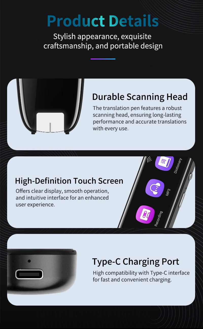 Smart AI Voice Translator Pen – 112+ Languages, Offline Scanning, HD Touchscreen, Real-Time Translation – Black