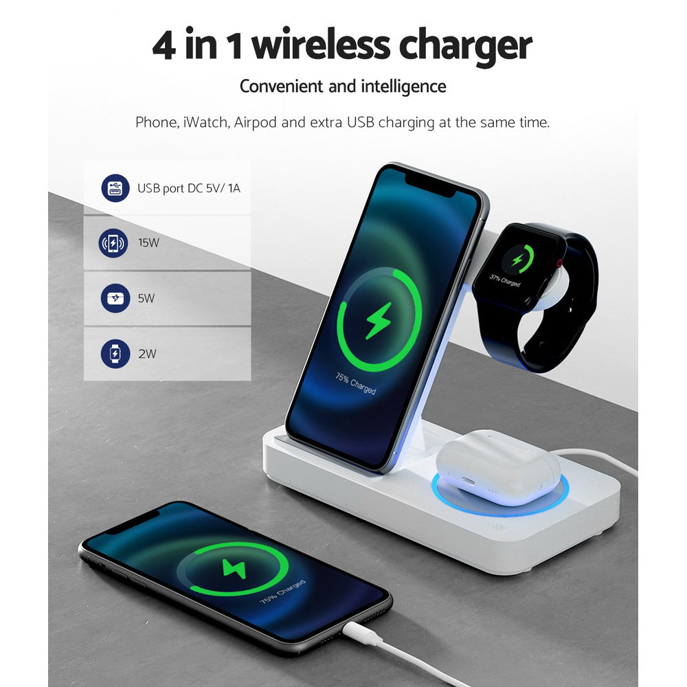 Devanti 4-in-1 Wireless Charging Dock – Fast Charger for Phone, Watch, Earbuds & Stylus – White"