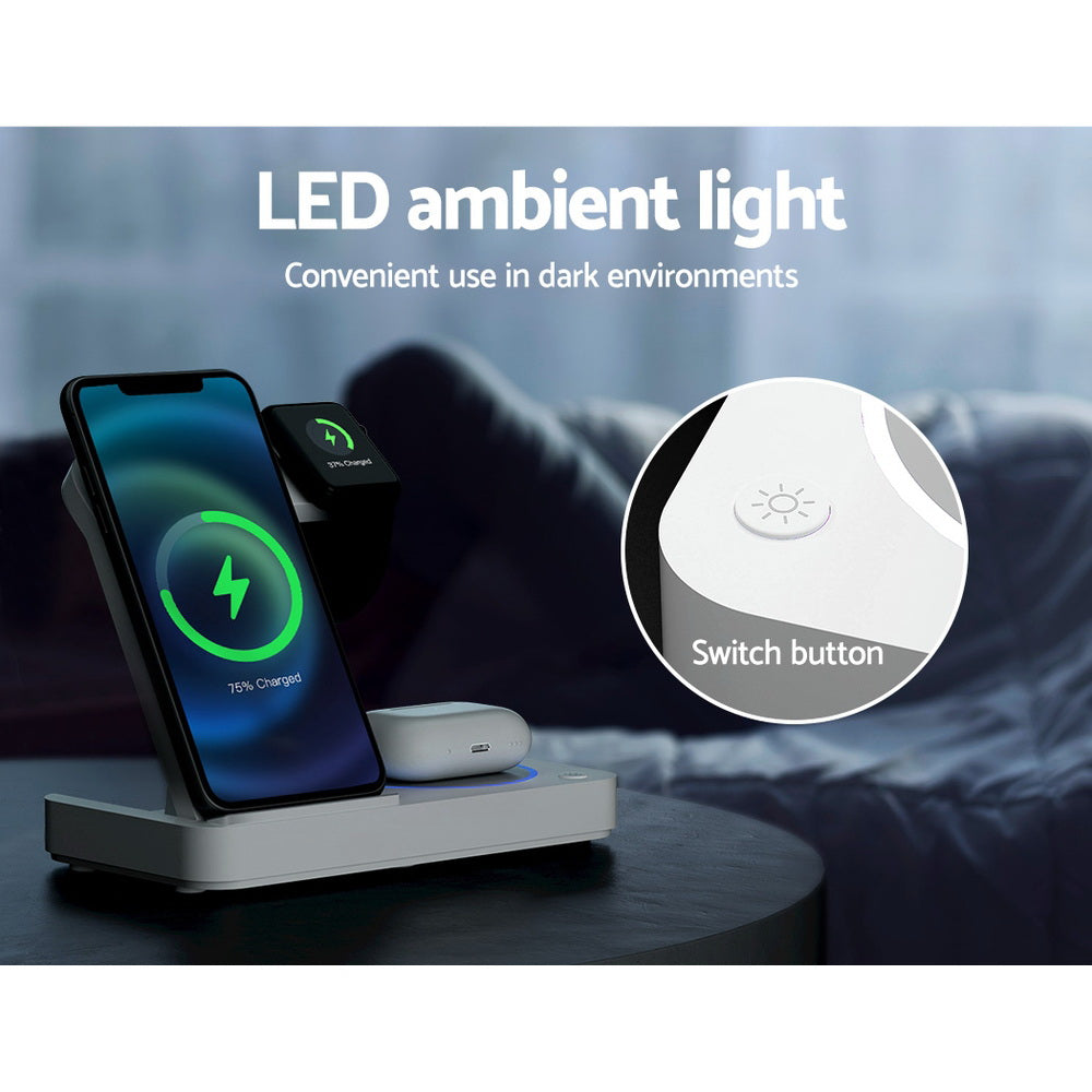 Devanti 4-in-1 Wireless Charging Dock – Fast Charger for Phone, Watch, Earbuds & Stylus – White"