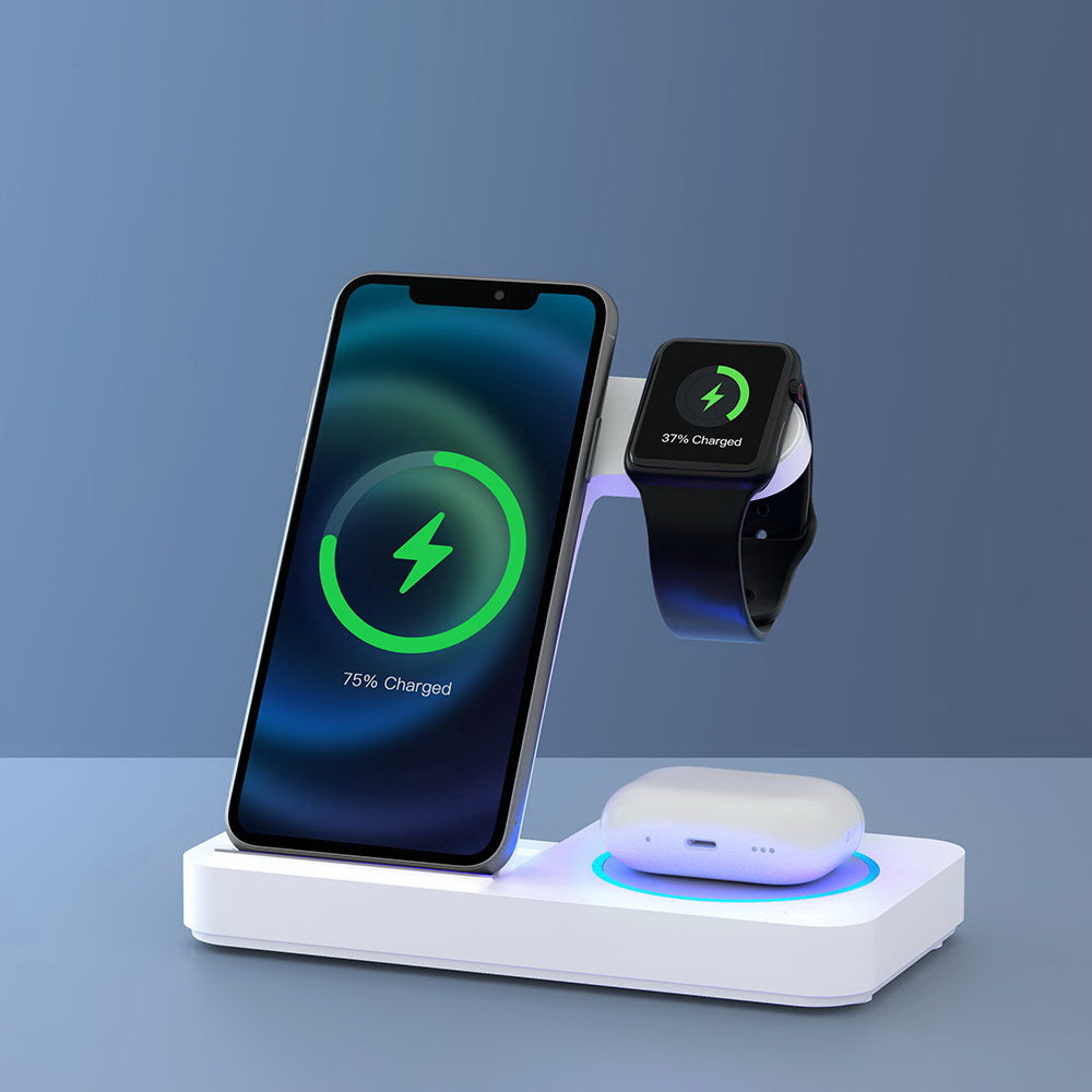 Devanti 4-in-1 Wireless Charging Dock – Fast Charger for Phone, Watch, Earbuds & Stylus – White"