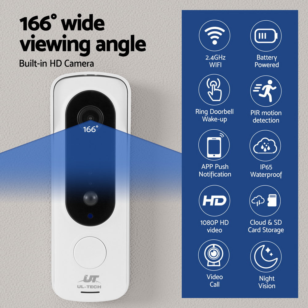 UL-tech Wireless Video Doorbell Security Camera – 2-Way Audio, Motion Detection, Night Vision, App Alerts